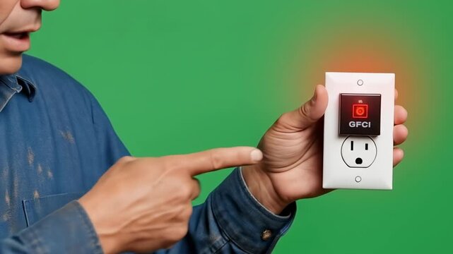 Man examining digital electrical device against green background