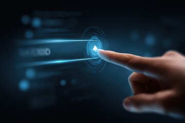 Fototapeta premium Digital Interaction: A close-up shot shows a hand's fingertip about to press the power button on a digital screen. capturing the ease of interaction with the new technological interfaces. 