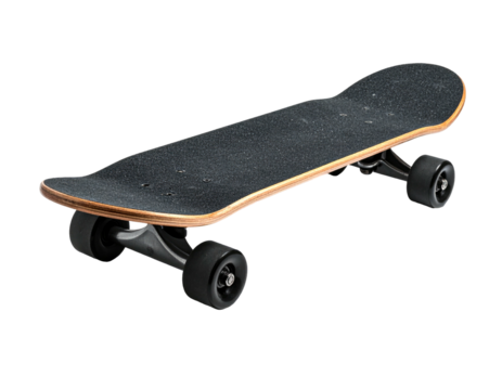 Close-up of a skateboard on a black background, angled slightly upward