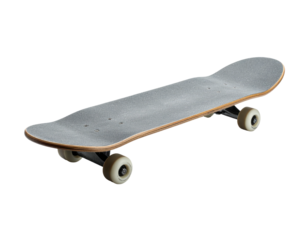 Angled shot of a skateboard on a black background, showing wheels and grip tape