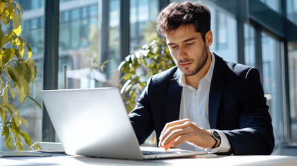 Focused young man in suit works on laptop in modern office setting, surrounded by greenery and natural light