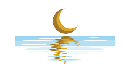 Obraz premium Golden Crescent Moon Reflecting on Rippling Water Surface, Generative AI.