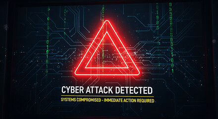 Cyber Attack Detected Warning on Digital Screen with Red Triangle Alert security