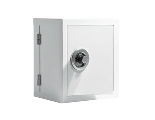 A pristine, white, steel box with a combination dial and hinges