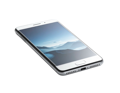 Sleek, angled smartphone displays a misty mountain landscape