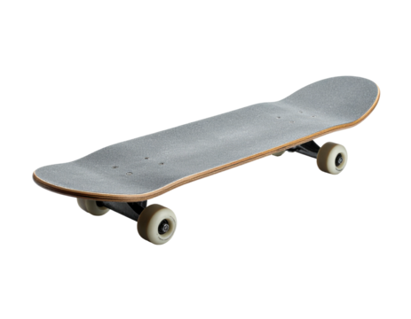 Angled shot of a skateboard on a black background, showing wheels and grip tape
