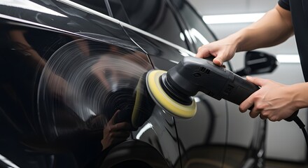 Car Detailing: Polishing Black Vehicle with Power Buffer