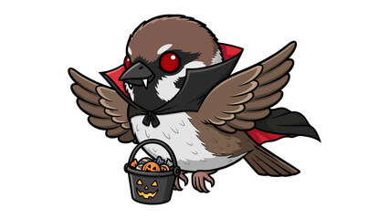 Sparrow Dressed as Vampire for Halloween: This adorable sparrow, dressed in a vampire costume and holding a treat bucket, embodies the playful spirit of Halloween. A whimsical image for autumn.
