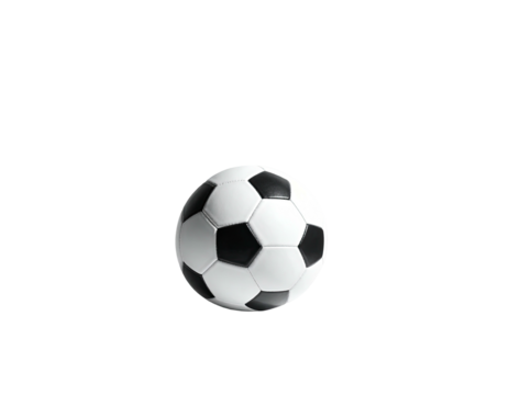 A classic black and white soccer ball floats against a pure black background