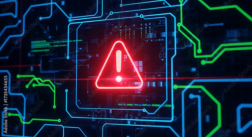 Wall mural futuristic circuitry with red warning symbol and data streams technology alert