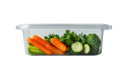 Fresh vegetables in a plastic container isolated on transparent background