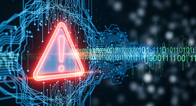 Digital Warning Triangle with Binary Code and Glowing Blue Circuit Lines alert security