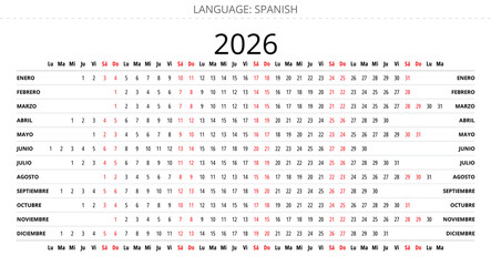 Spanish 2026 linear calendar for plan. Printable vector illustration Spain