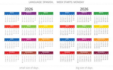 2026 spanish calendar. Multicolor vector illustration for Spain - year calendario. Two sizes days