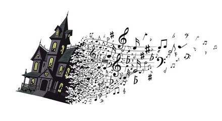 Haunted house with musical notes flowing out like smoke, Generative AI.