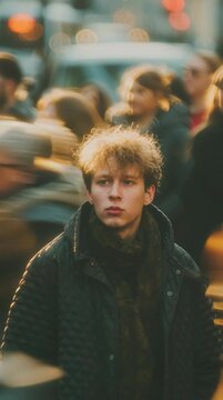 Cinematic Concept Photography of a Thoughtful Young Person Standing Calm in the Middle of a Busy Urban Street, Surrounded by Motion Blur of People and Lights, Shallow Depth of Field, Warm Tones
