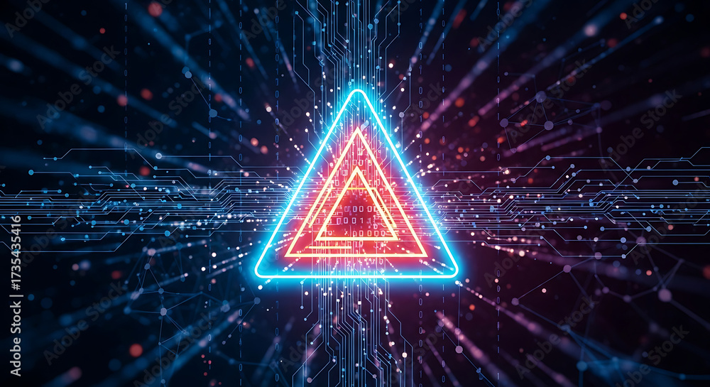 Wall mural neon blue and red triangle symbol with digital network and binary code image photo