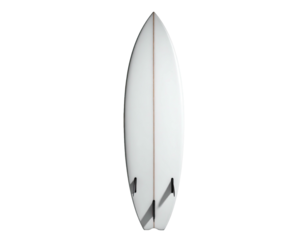 White surfboard with three fins, top view, against a black background
