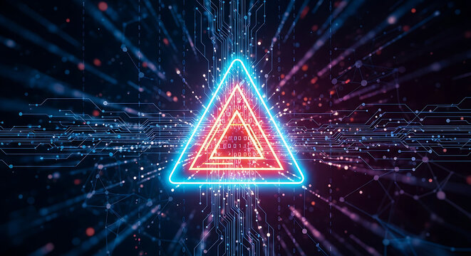 Neon Blue and Red Triangle Symbol with Digital Network and Binary Code image photo