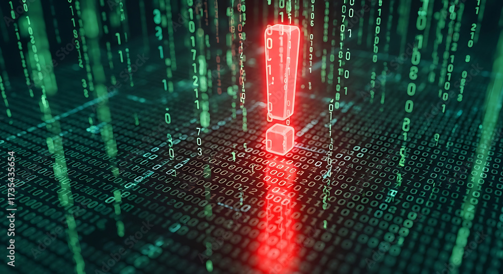 Wall mural red exclamation mark symbolizes danger in digital binary code matrix alert warning