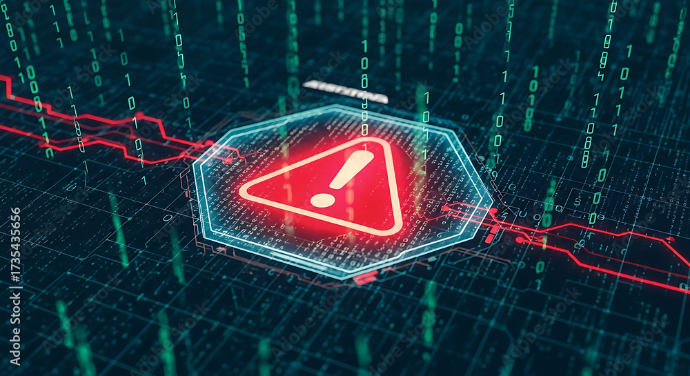 Wall mural red exclamation mark in octagon warning symbol with digital matrix and graph alert danger