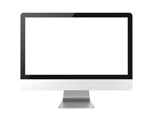 Sleek, modern desktop computer with a blank, white display on a black background