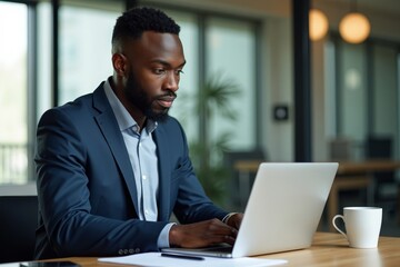 Successful African American businessman analyzing stock market trends on laptop in contemporary office space, ideal for marketing slogans, innovation, digital media, financial updates.