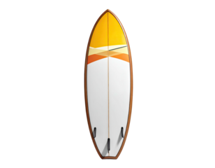 A surfboard, orange and white, with fins, is displayed on a black background