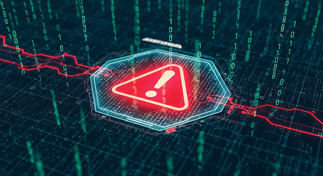 Red Exclamation Mark in Octagon Warning Symbol with Digital Matrix and Graph alert danger