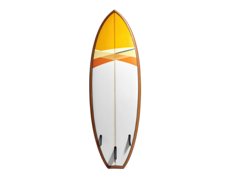 A surfboard, orange and white, with fins, is displayed on a black background