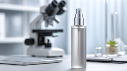 Clear mist spray bottle on a lab table with a blurred microscope in the background.
