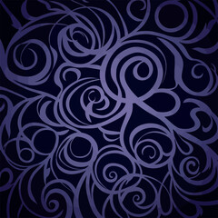 An abstract background with intricate purple swirls and curls on a dark navy blue canvas.