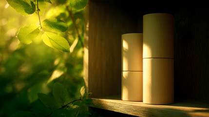 Stacked cylindrical beige containers on a wooden shelf, bathed in warm, dappled sunlight filtering through green leaves.

