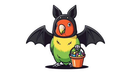 A Halloween Bird Ready for Trick or Treat: A whimsical illustration depicts a charming lovebird decked out in a delightful bat costume. This festive scene is complete with a treat bucket.