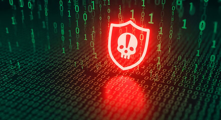 Red Shield With Skull And Exclamation Mark Over Green Binary Code alert warning