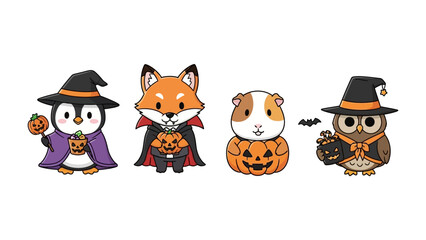 Spooky Cute Halloween animals: An adorable collection of Halloween animal characters, featuring a penguin witch, a fox vampire, a guinea pig pumpkin, and an owl with a trick-or-treat bag.