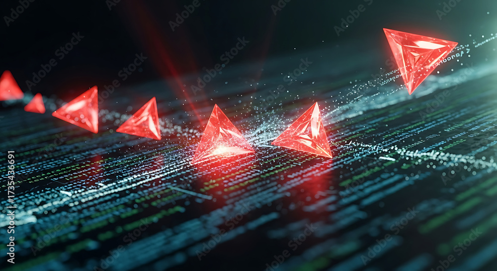 Wall mural red triangular objects moving over digital code and data streams triangle