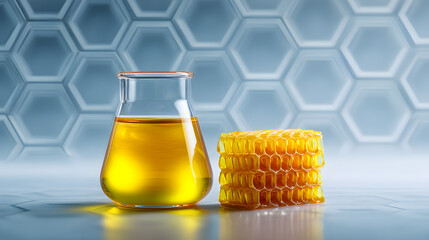 Golden viscous syrup in a laboratory flask next to natural yellow honeycomb.

