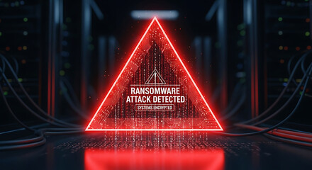 Red Triangle Warning with Ransomware Attack Detected Message systems encrypted