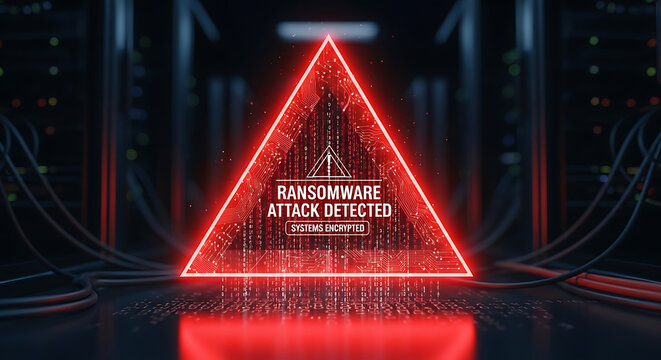 Red Triangle Warning with Ransomware Attack Detected Message systems encrypted