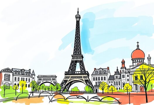 Whimsical sketch of Parisian landmarks, Eiffel Tower prominent, loose style,  pattern,  cityscape