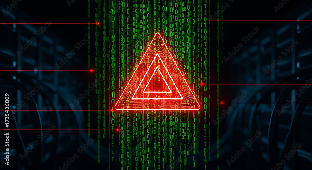 Wall mural red warning triangle surrounded by falling green binary code and server racks alert danger