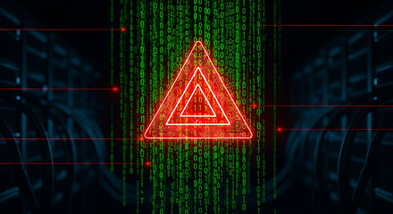 Red Warning Triangle Surrounded By Falling Green Binary Code And Server Racks alert danger