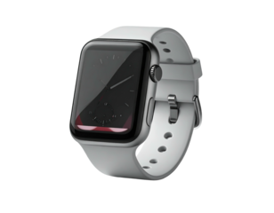 Close-up of a silver wristwatch with a black screen and a gray, perforated band