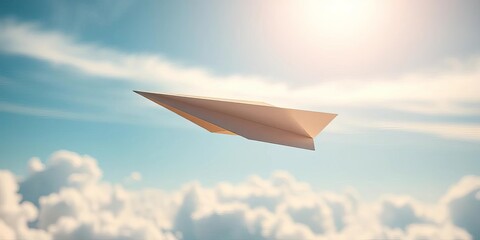 Fototapeta premium Paper airplane soaring through air, sunlight glinting off wings, light, flight