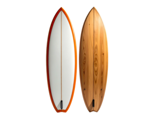 Two surfboards, one white/orange, one natural wood, against a black background