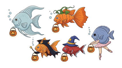 Whimsical Halloween Fish: A charming collection of five uniquely costumed fish, playfully swimming through an underwater fantasy, each with a Halloween-themed bucket.