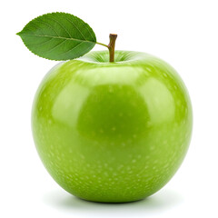 A single green apple with a leaf and stem isolated on white background