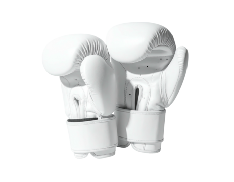 Two white padded gloves, close up, on a transparent background