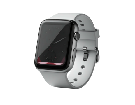 Close-up of a silver wristwatch with a black screen and a gray, perforated band